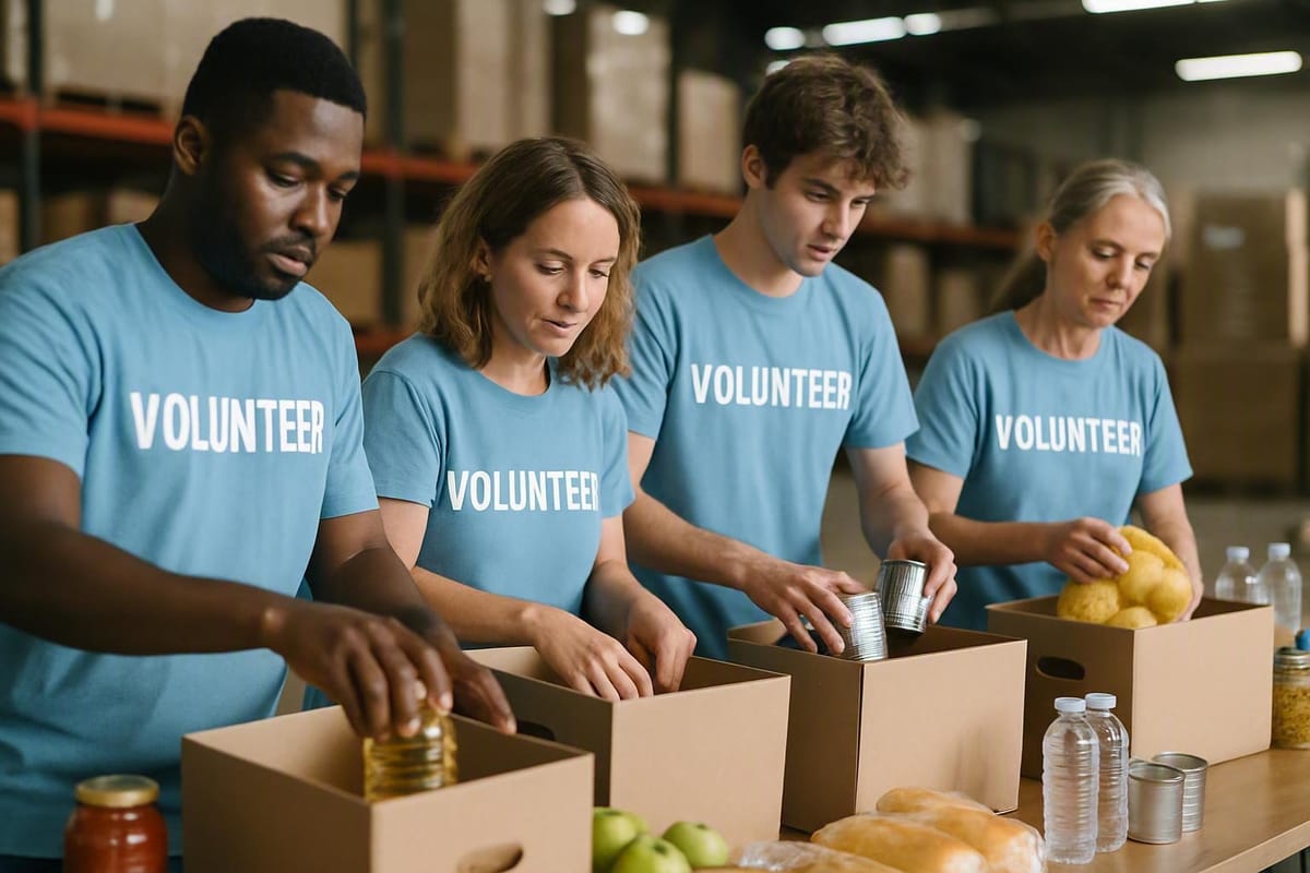 Volunteers packing food boxes